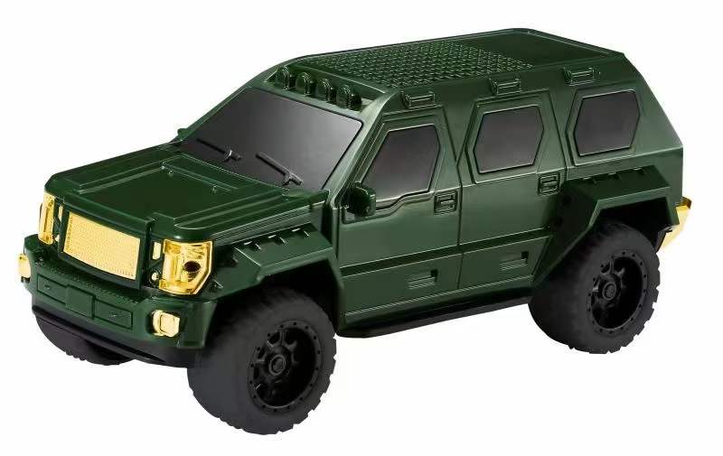 Green SUV car-shaped Bluetooth wireless speaker boombox with LED lights, WSTER WS-1869 rugged desk accessory.