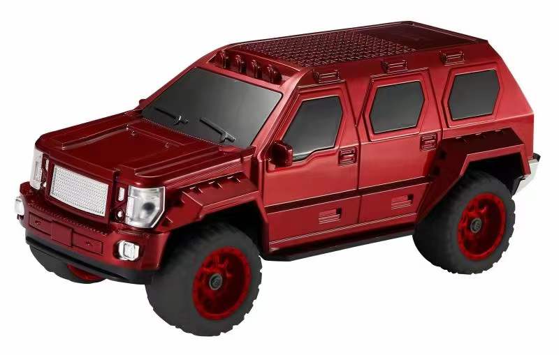 Red SUV car-shaped Bluetooth wireless speaker boombox with LED lights, WSTER WS-1869, rugged desk accessory.