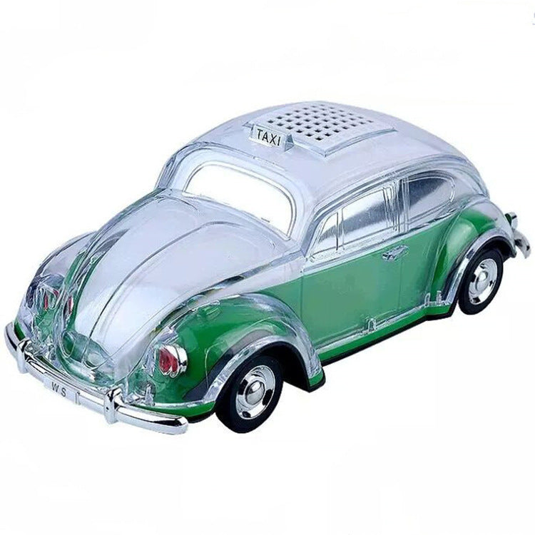 Green Beetle-style taxi car Bluetooth speaker, WSTER WS-1937, classic car replica desk setup accessory.