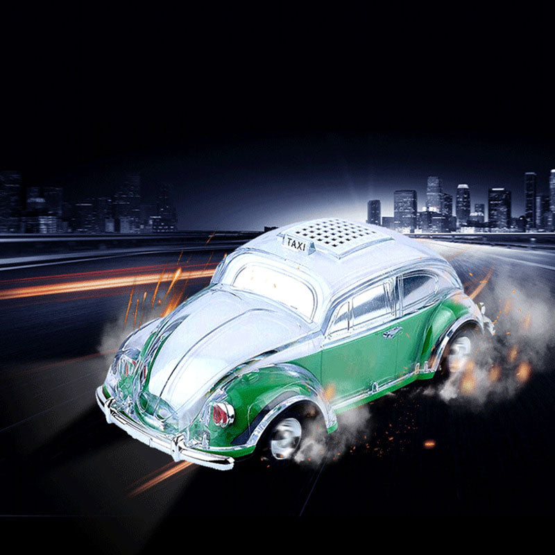 Green Beetle-style taxi car Bluetooth speaker, WSTER WS-1937, retro desk setup accessory and gift.