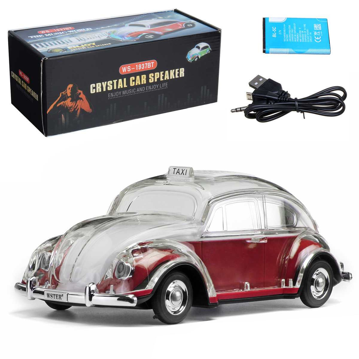 Crystal clear Beetle-style taxi car Bluetooth speaker, WSTER WS-1937, retro desk setup accessory gift.