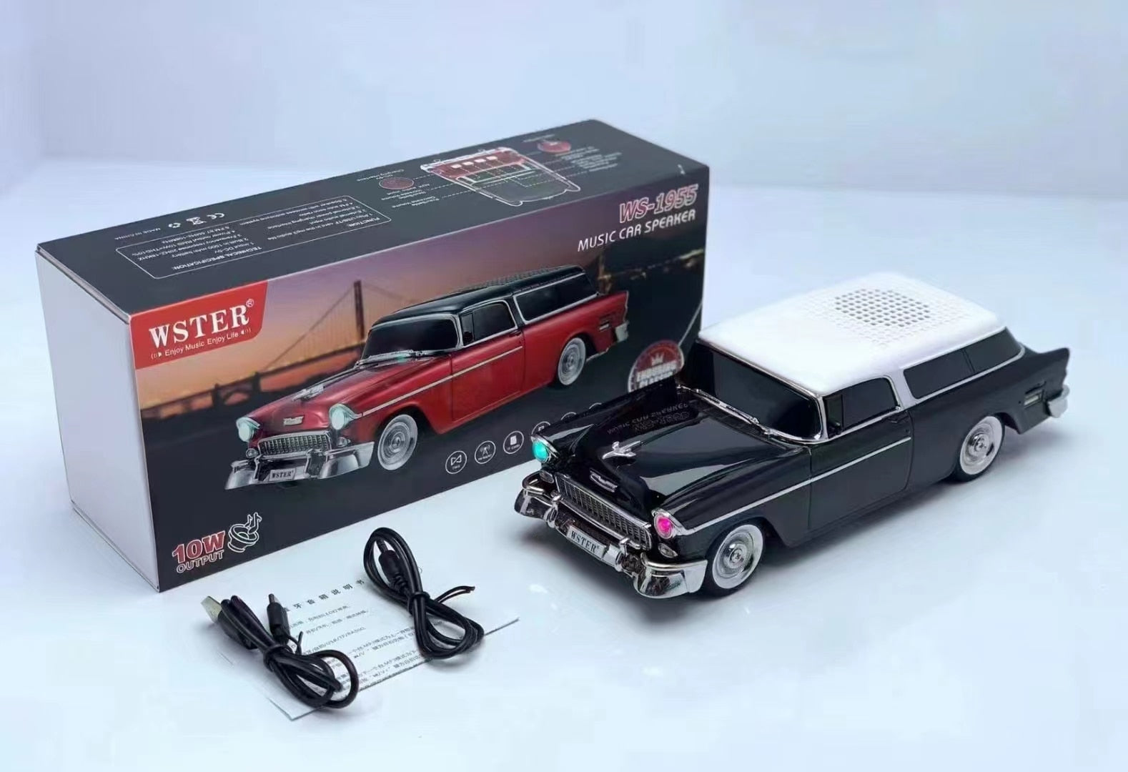 Vintage vinyl roof classic car Bluetooth speaker with LED headlights, WSTER WS-1955 retro desk decor gift.