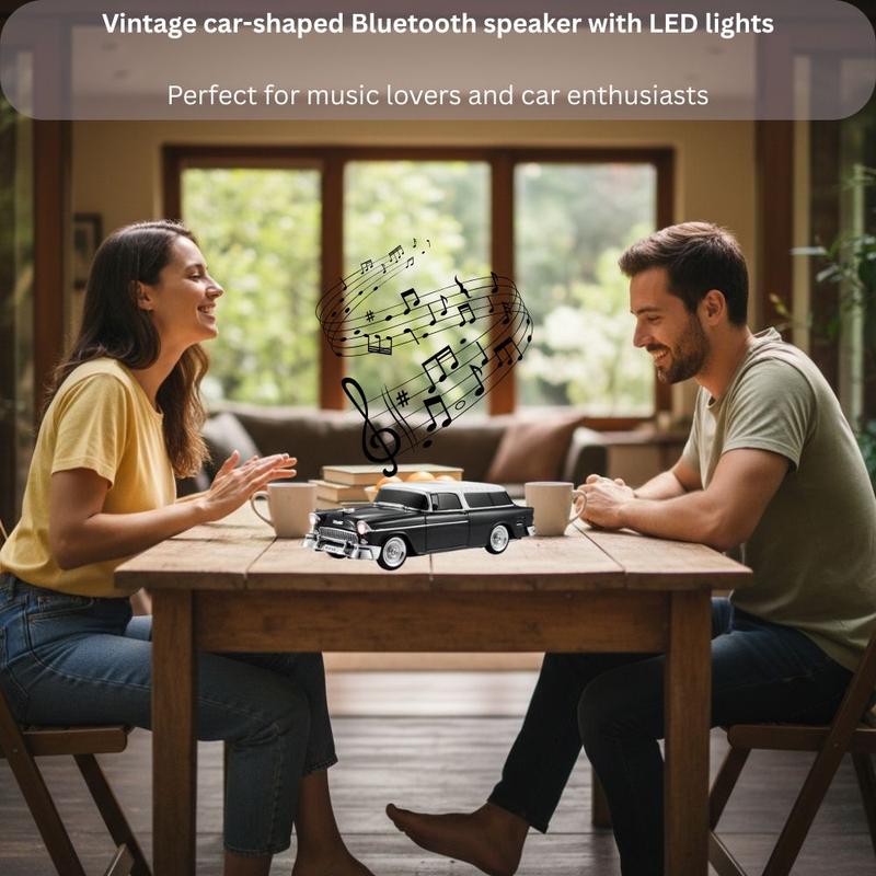 Vintage vinyl roof classic car Bluetooth speaker with LED headlights, WSTER WS-1955 retro desk decor gift.