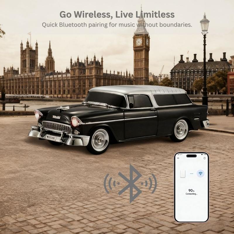 Vintage vinyl roof classic car Bluetooth speaker with LED headlights, WSTER WS-1955 retro desk setup accessory