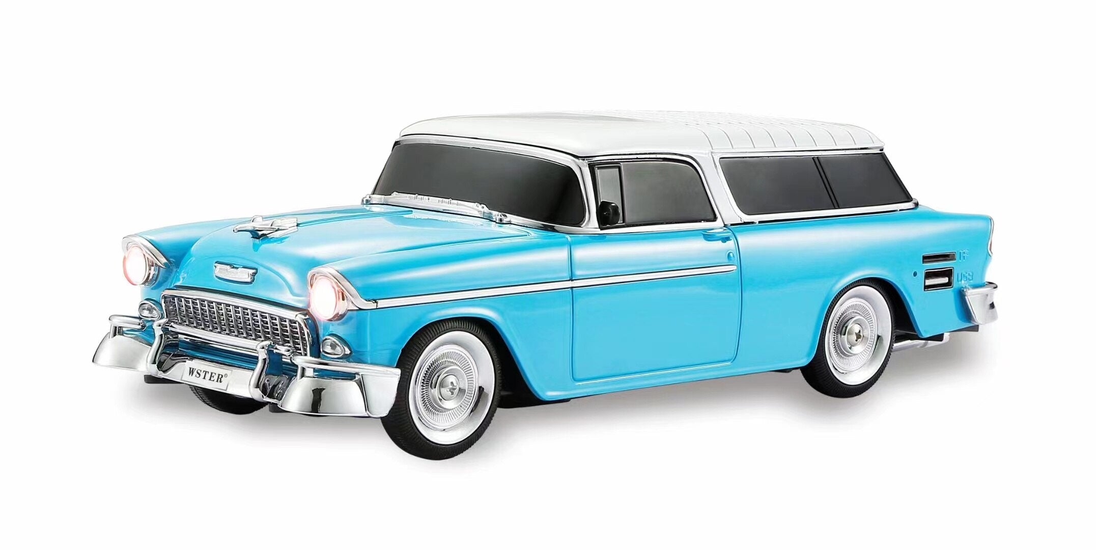 Blue 1955 vintage vinyl roof car Bluetooth speaker, WSTER WS-1955, classic car replica desk decor with LEDs.