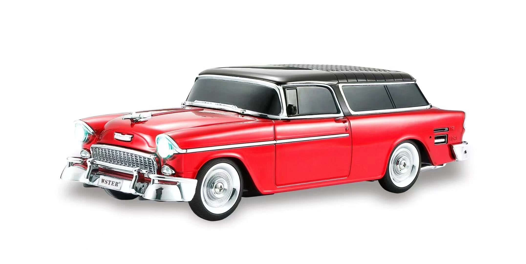 Red 1955 vintage vinyl roof car Bluetooth speaker with LED headlights, WSTER WS-1955 retro desk decor.