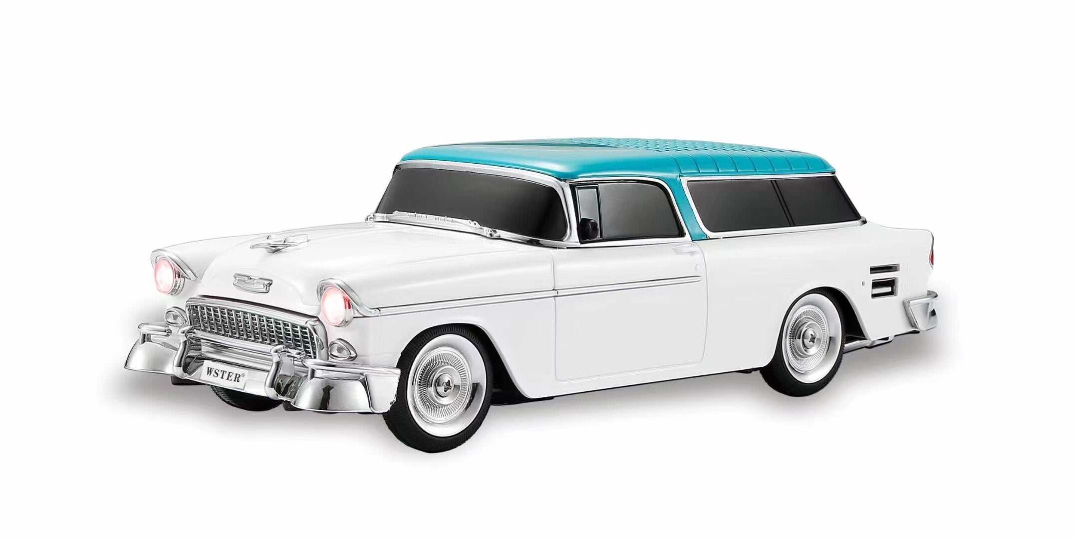 White 1955 vintage vinyl roof car Bluetooth speaker with LED headlights, WSTER WS-1955, retro desk decor gift.