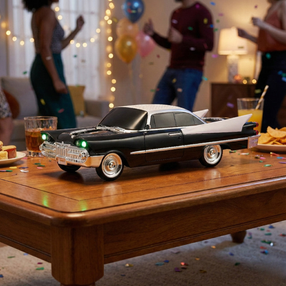 Retro classic car Bluetooth speaker with LED lights and FM radio, WSTER WS-1965, man cave desk decor gift.