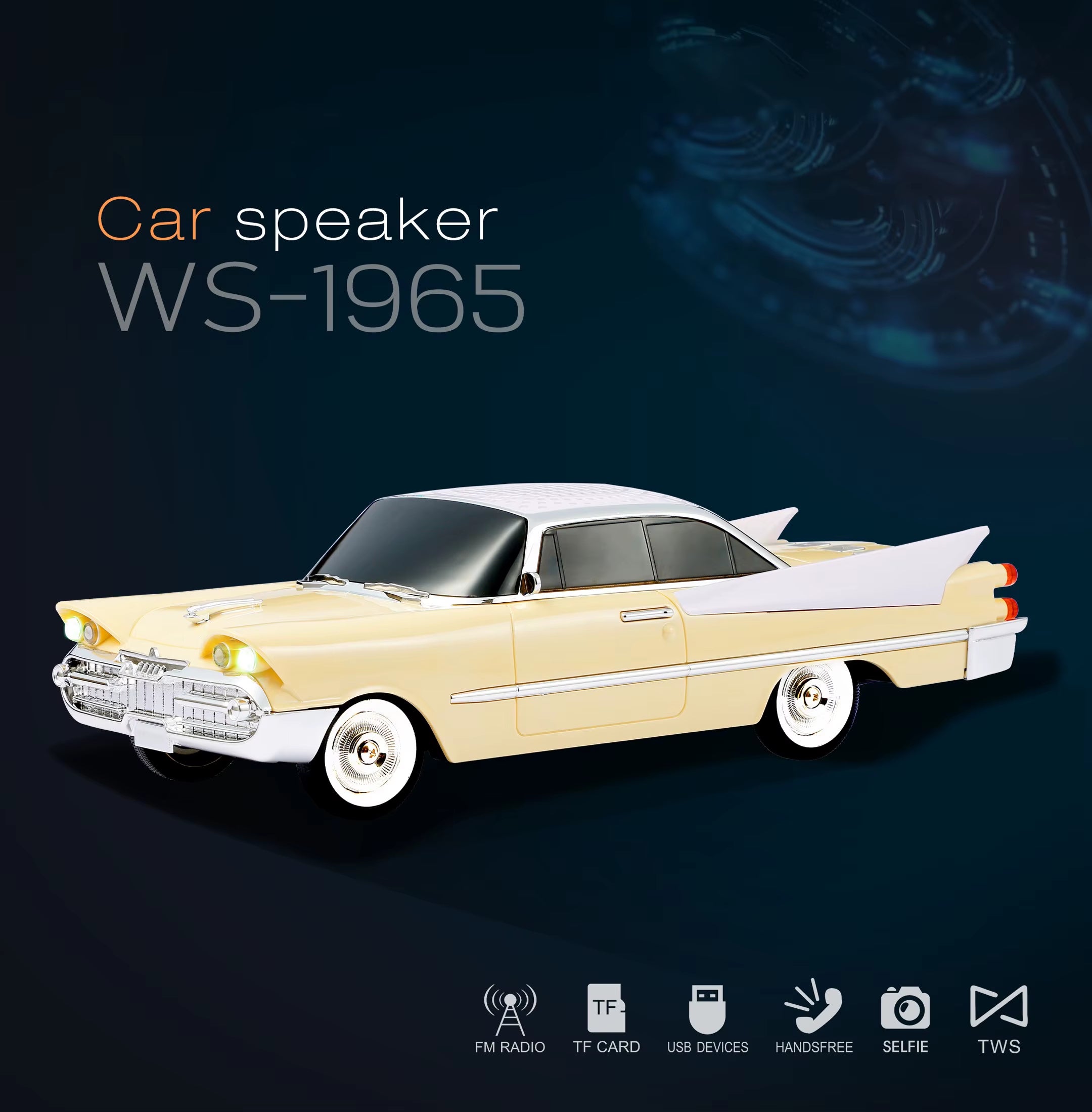 Beige 1965 retro classic car Bluetooth speaker with LED lights, FM radio and USB-C, WSTER WS-1965 desk decor.