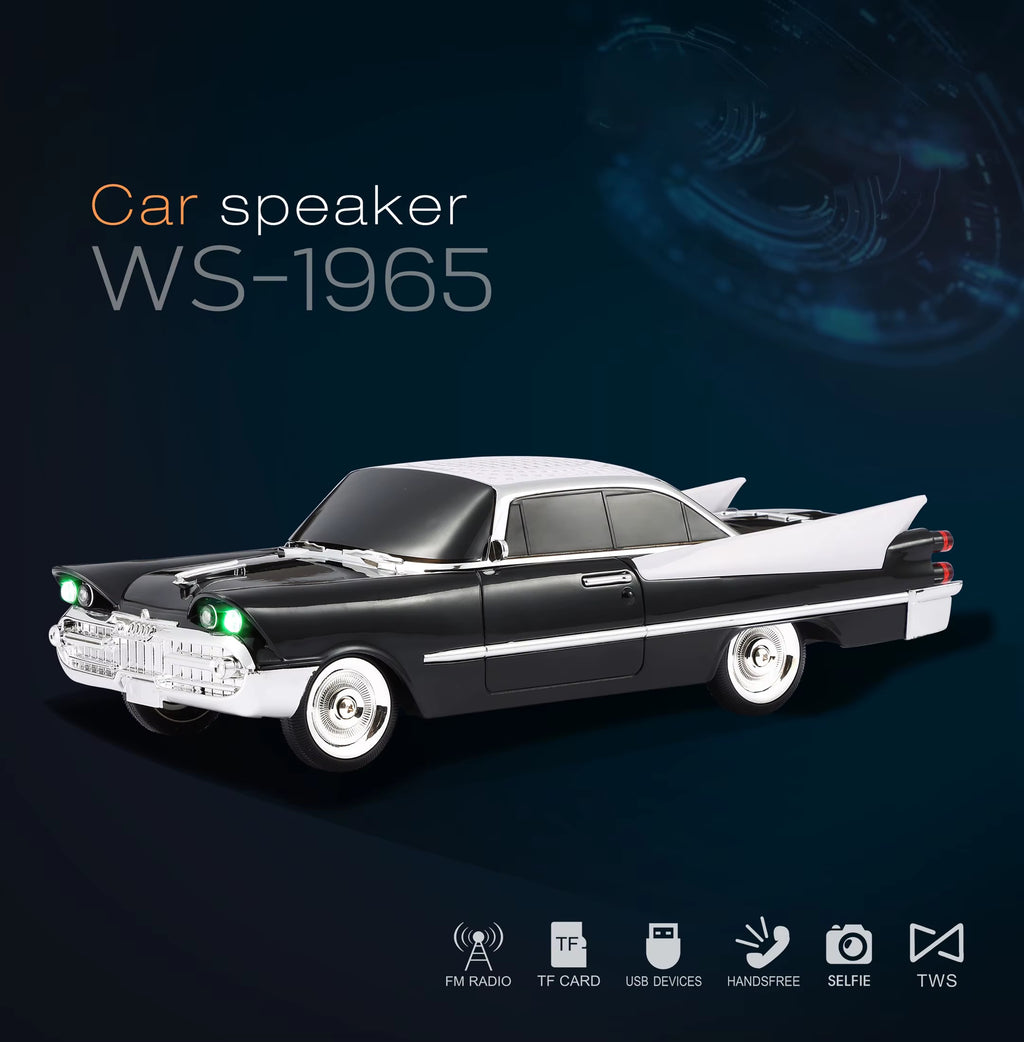 Black retro classic car Bluetooth speaker with LED lights and FM radio, WSTER WS-1965 desk setup accessory.