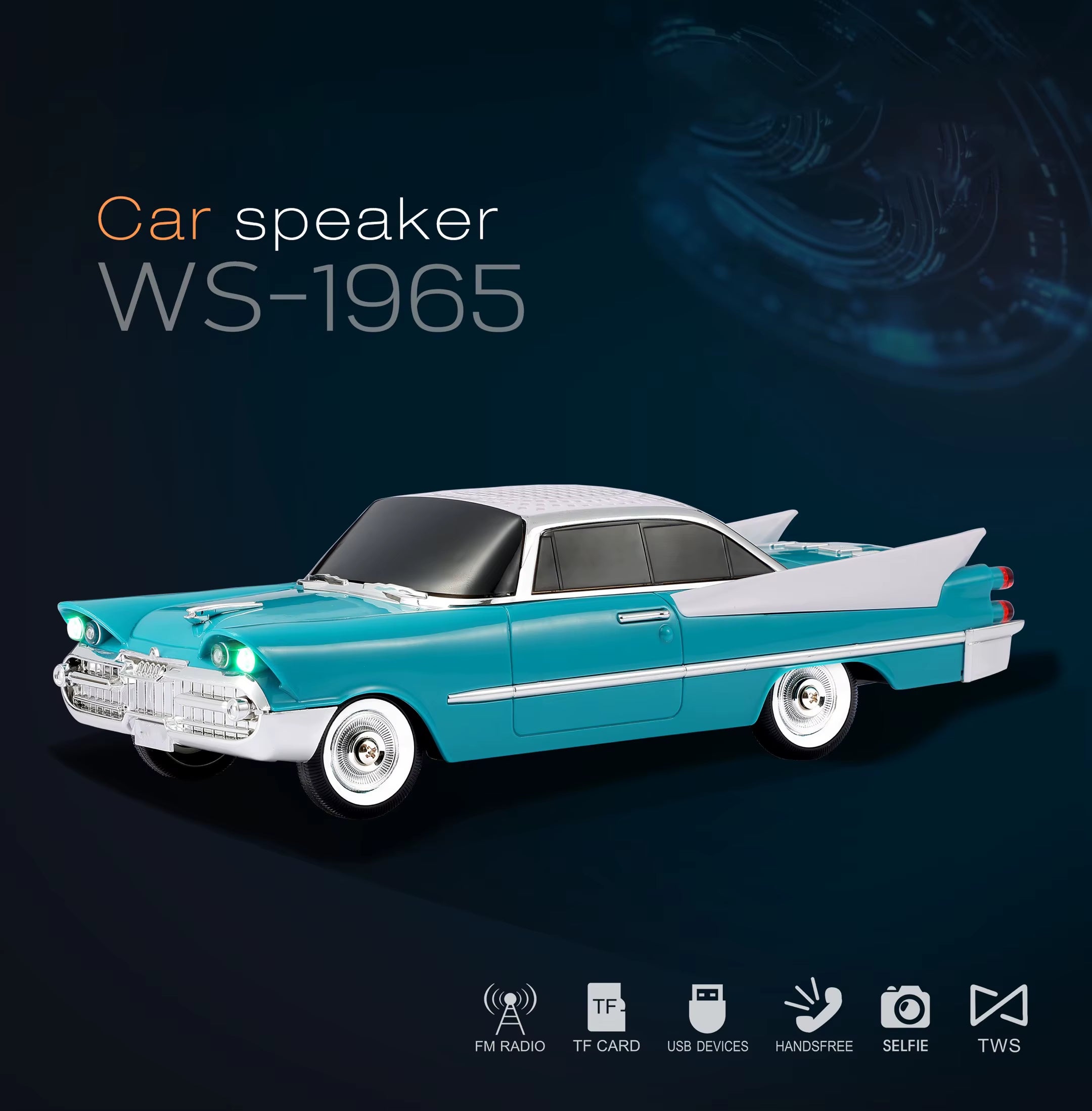 Green retro classic car Bluetooth speaker with LED lights, WSTER WS-1965, desk setup accessory and gift