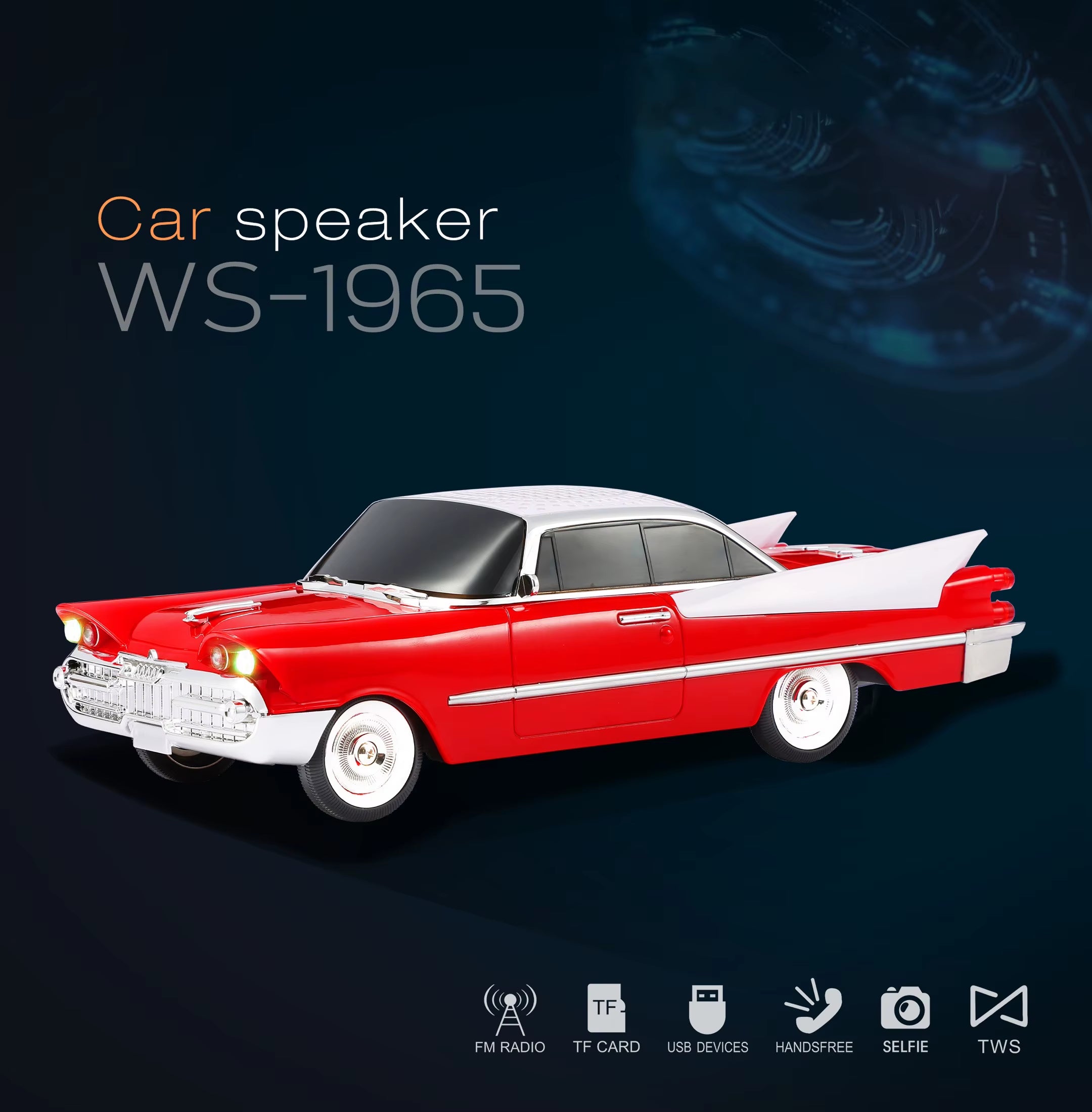 Red 1965 retro classic car Bluetooth speaker with LED lights and FM radio, WSTER WS-1965 desk decor gift.