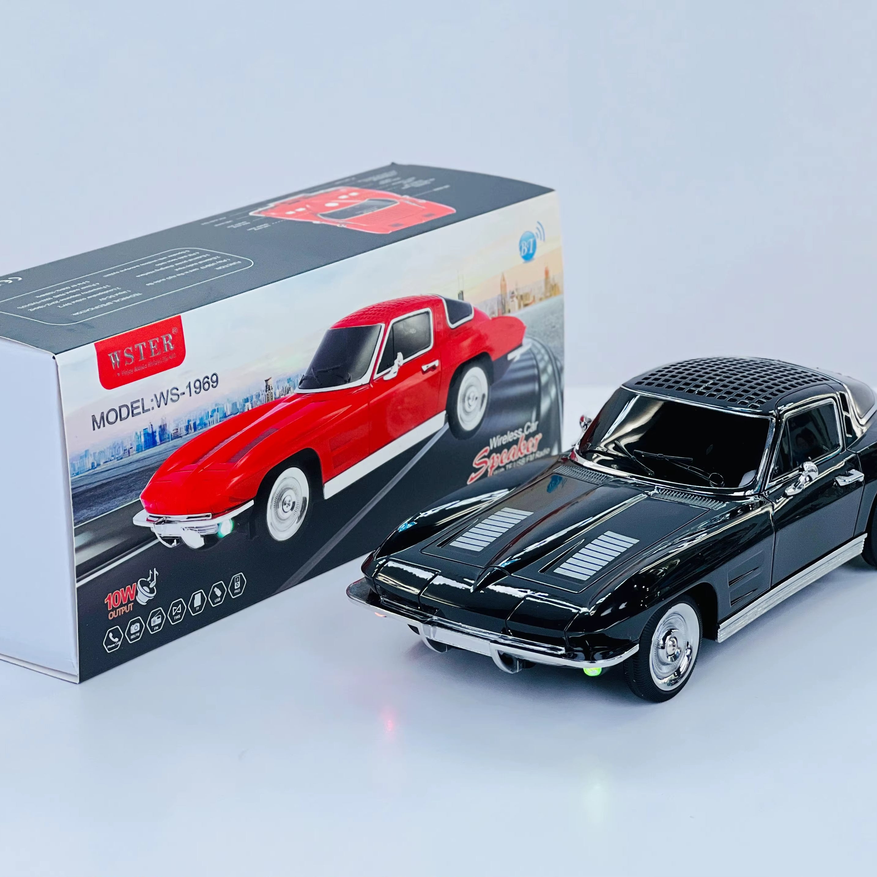 1969 retro classic car Bluetooth speaker, WSTER WS-1969, moving wheels, LED headlights, FM radio, USB-C