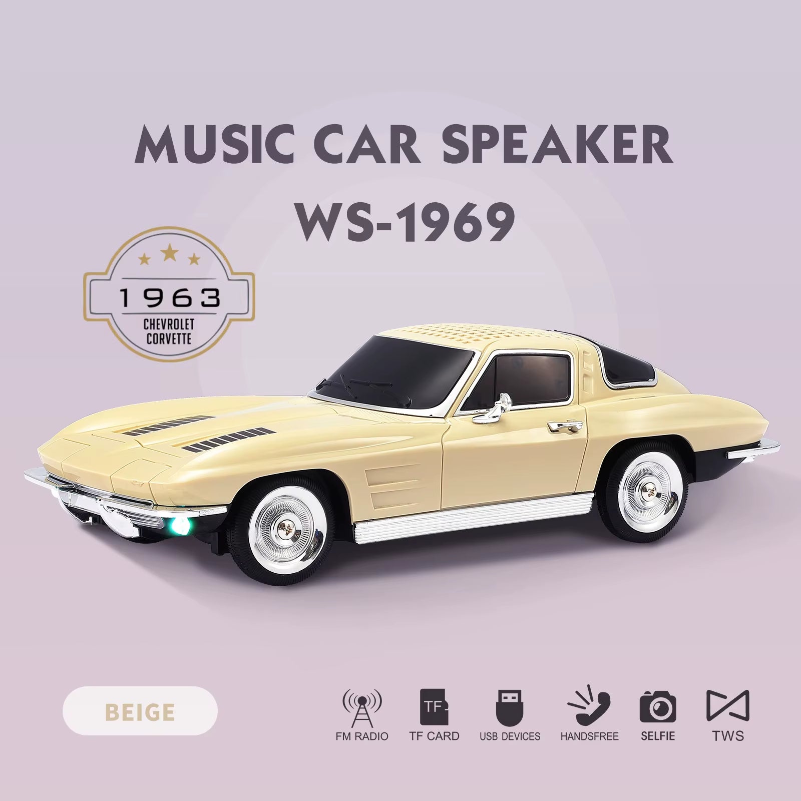 Beige 1969 classic retro car Bluetooth speaker with moving wheels, LED, FM radio, USB-C, WSTER WS-1969