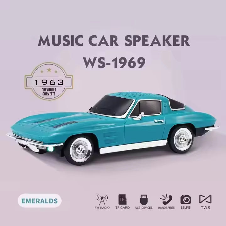 Green 1969 classic retro car Bluetooth speaker with moving wheels, LED headlights and FM radio, WSTER WS-1969