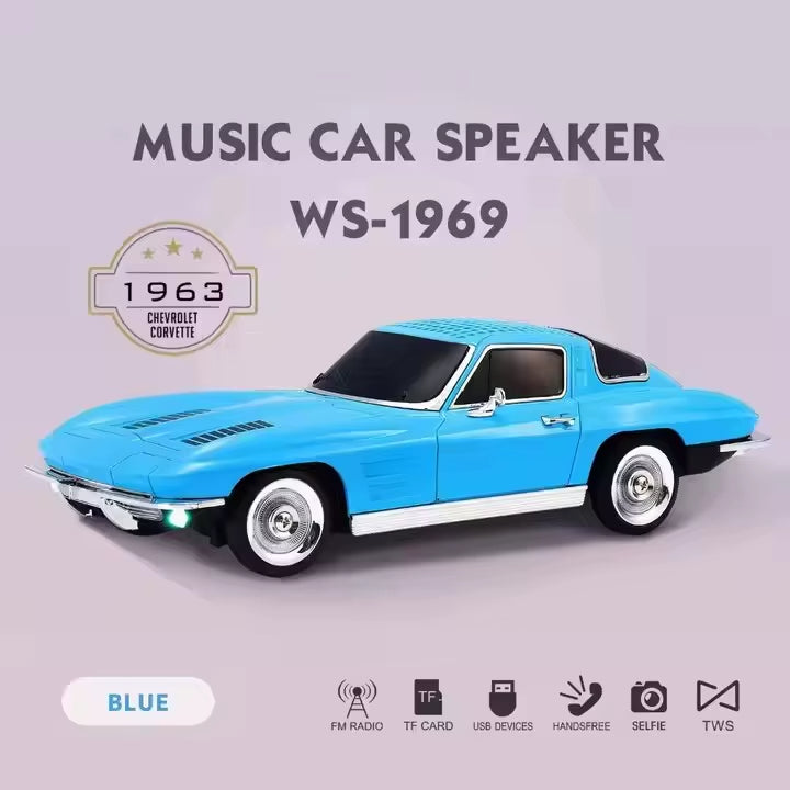 Light blue 1969 classic retro car Bluetooth speaker with moving wheels, LED lights, FM radio, WSTER WS-1969