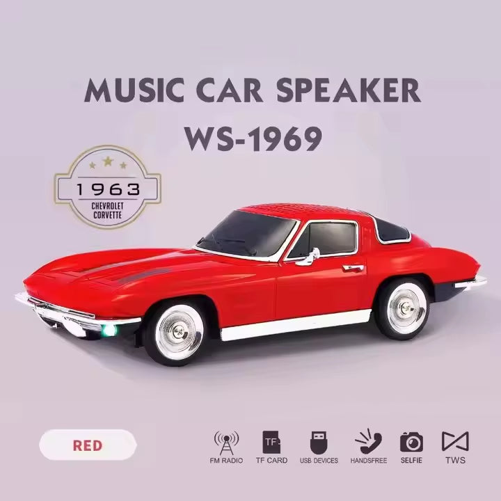 Red 1969 classic retro car Bluetooth speaker, WSTER WS-1969, moving wheels, LED headlights, FM/USB-C desk decor.