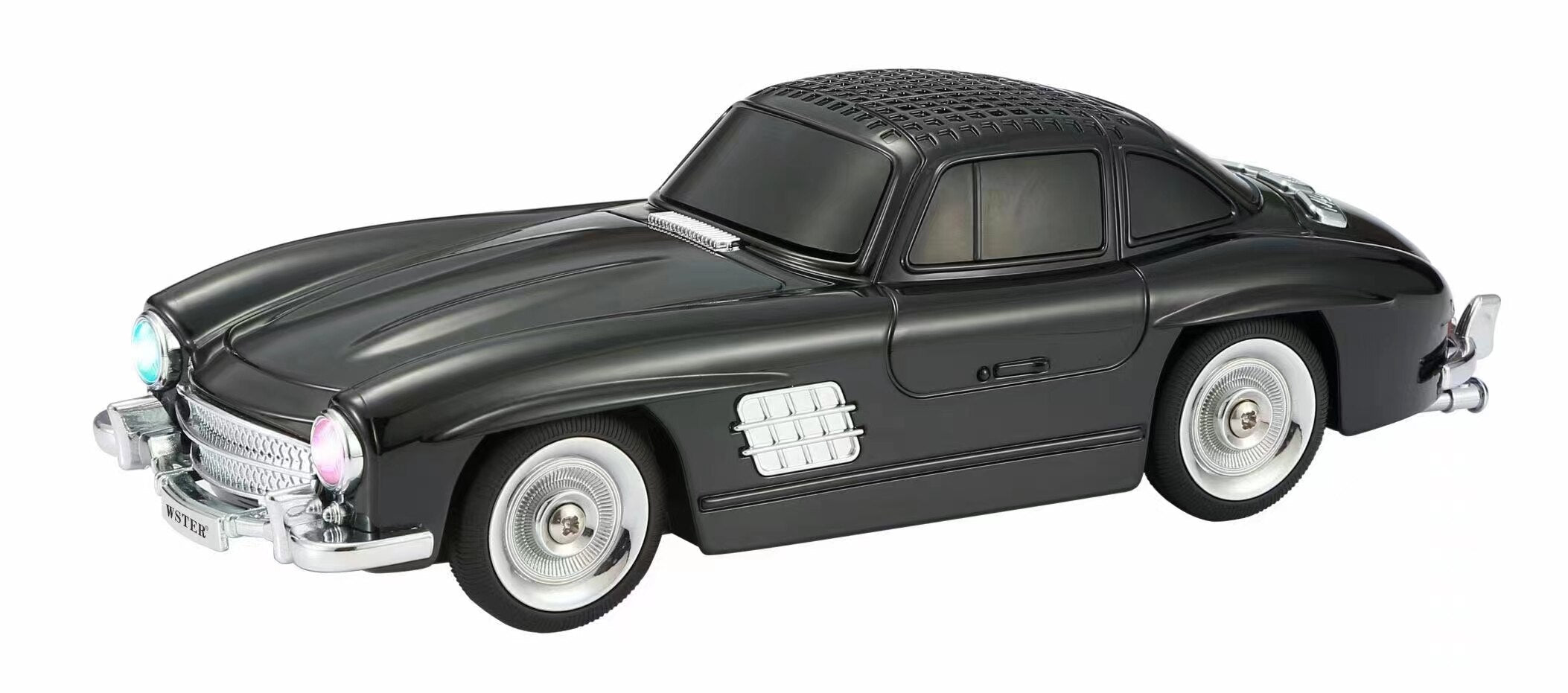 Black classic roadster Bluetooth speaker with LED lights, WSTER WS-300SL, portable desk setup accessory.