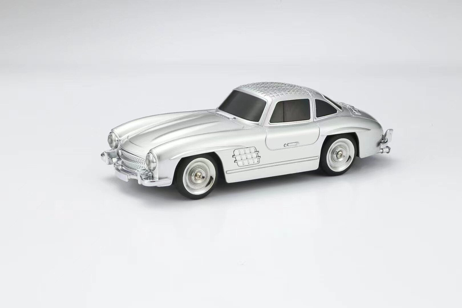 Silver classic roadster car Bluetooth speaker with LED lights, WSTER WS-300SL, retro desk setup accessory.