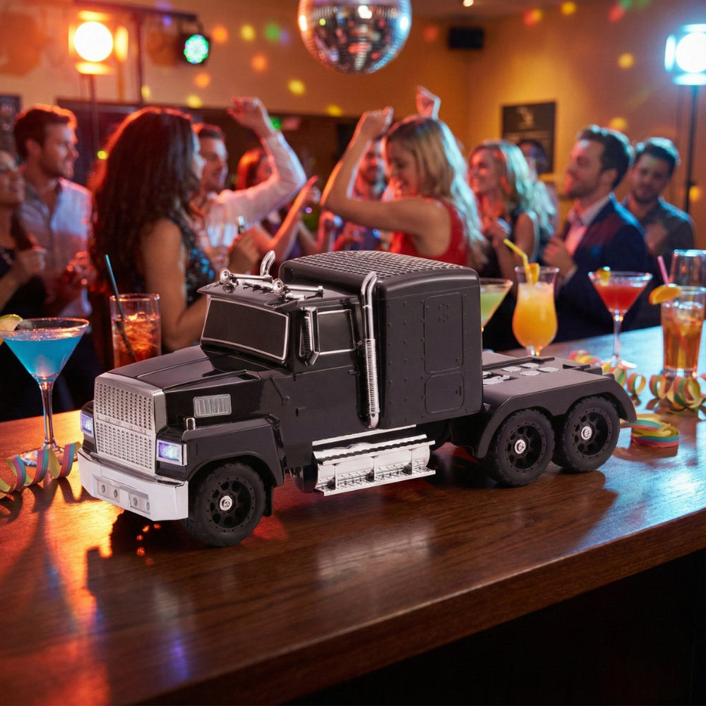 WSTER WS-570 semi truck Bluetooth speaker with LED lights, loud sound, FM radio, desk setup car decor.