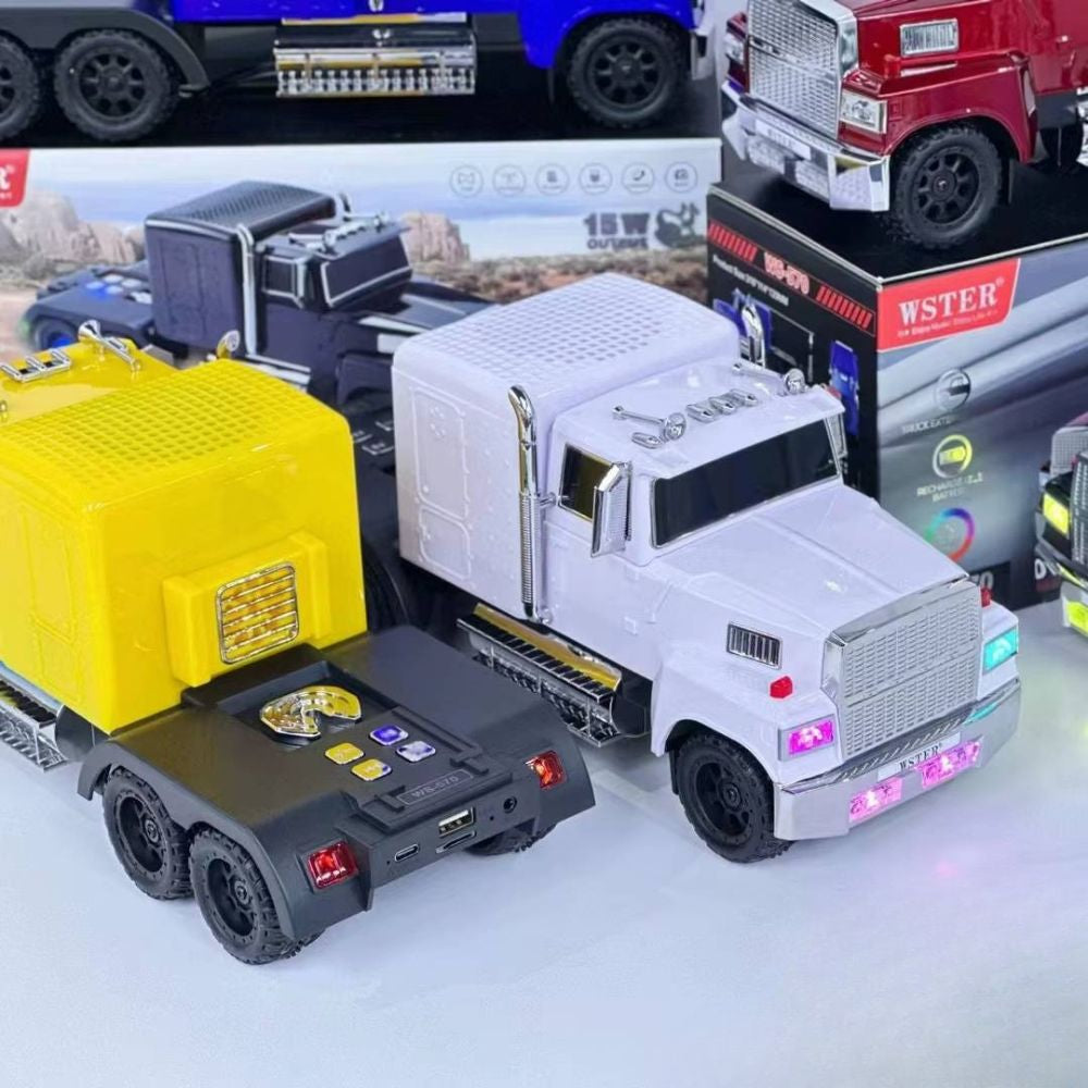 WSTER WS-570 semi truck Bluetooth speaker with LED lights, loud sound and FM radio, man cave desk decor.