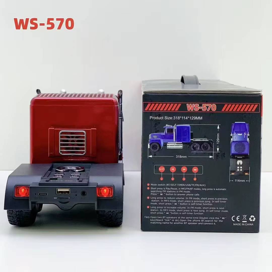 Semi truck Bluetooth speaker with LED lights and FM radio, WSTER WS-570, loud portable wireless audio decor.