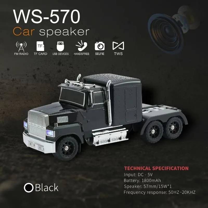 Black semi truck Bluetooth speaker with LED lights and FM radio, WSTER WS-570, man cave desk decor.