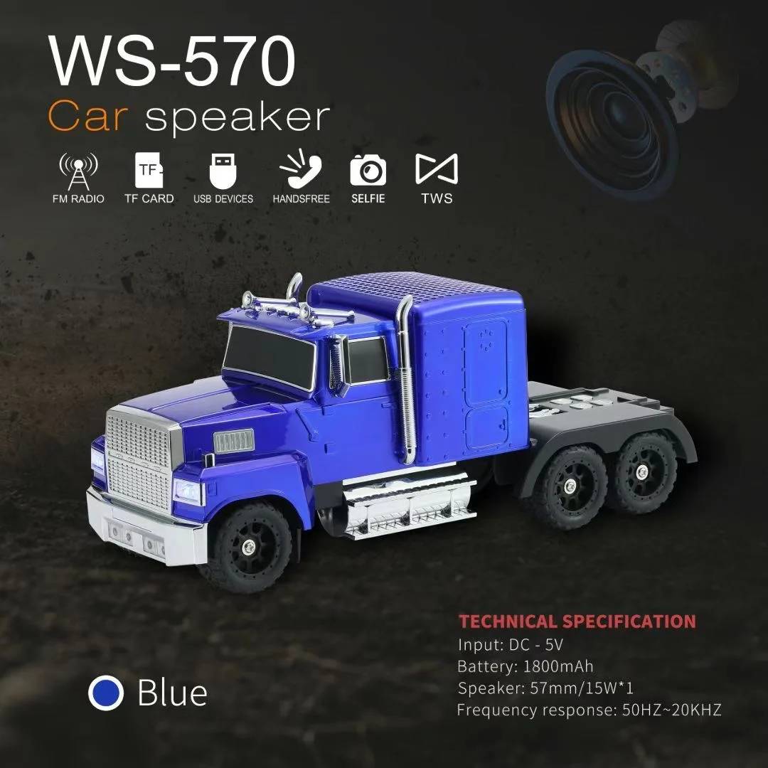 Blue semi truck Bluetooth speaker with LED lights and FM radio, WSTER WS-570, loud man cave desk decor.