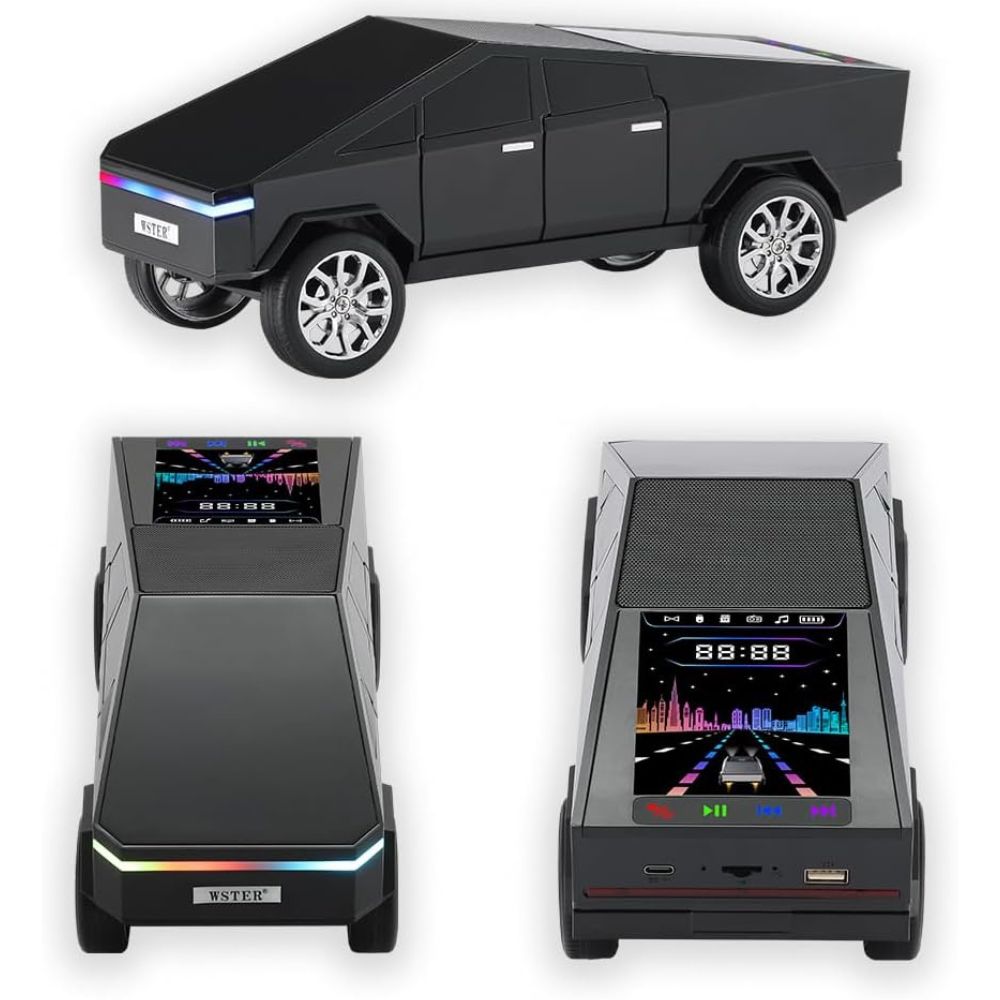 Cybertruck-style cybercar Bluetooth speaker with LED lights and display, WSTER WS-580, loud bass desk accessory.