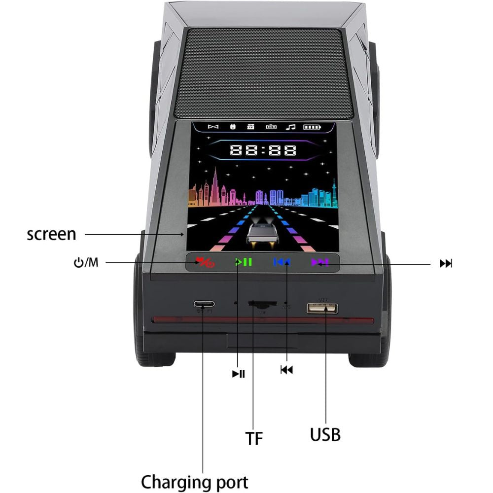 Cybertruck-style car Bluetooth speaker with LED lights and display, WSTER WS-580, loud bass desk accessory.