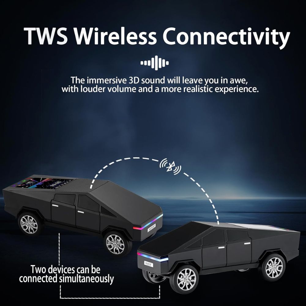 Cybertruck-style car Bluetooth speaker with LED lights and display, WSTER WS-580, loud bass desk setup decor.