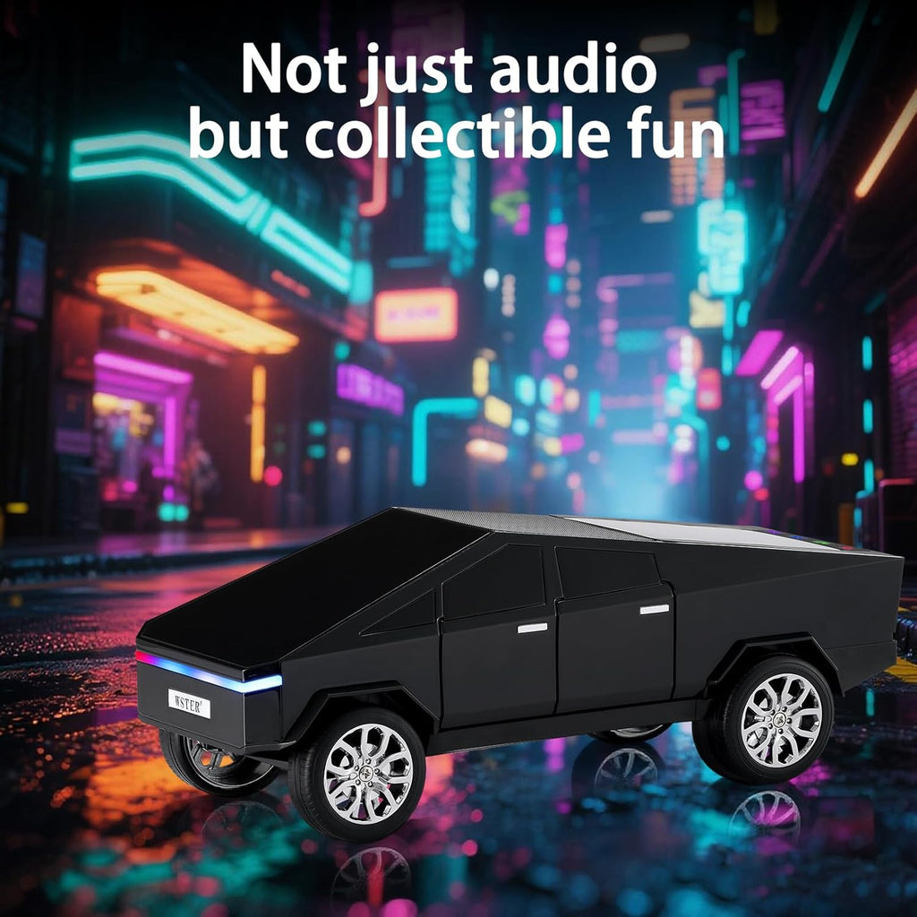 Cybertruck-style Bluetooth speaker with LED lights and display, WSTER WS-580, loud bass desk setup accessory.