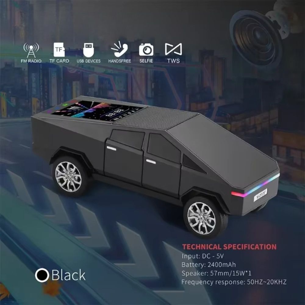 Black cybertruck-style Bluetooth speaker with LED lights and FM radio, WSTER WS-580, loud bass desk decor.