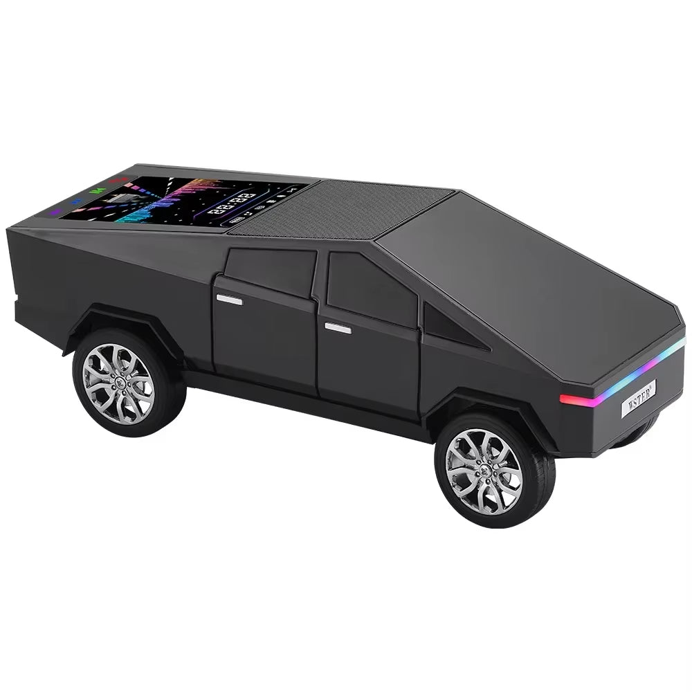 Black Cybertruck-style Bluetooth speaker with LED lights and display, WSTER WS-580, loud bass desk accessory.