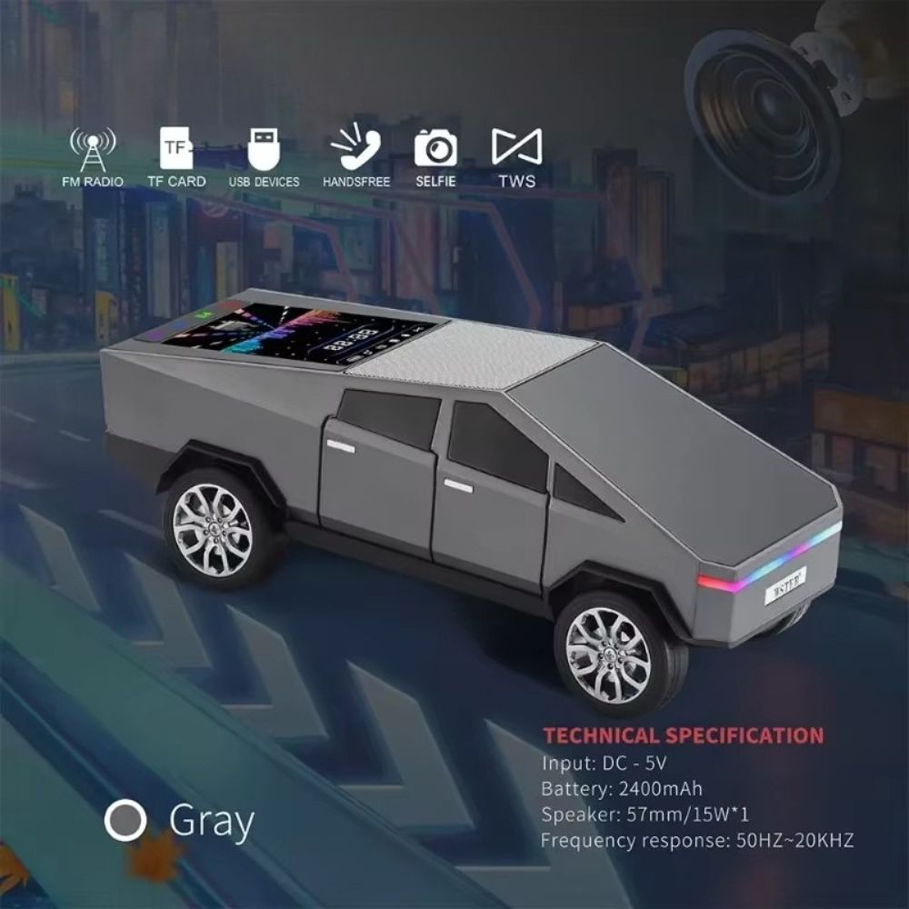 Gray Cybertruck-style Bluetooth speaker with LED lights and FM radio, WSTER WS-580, loud bass desk decor.
