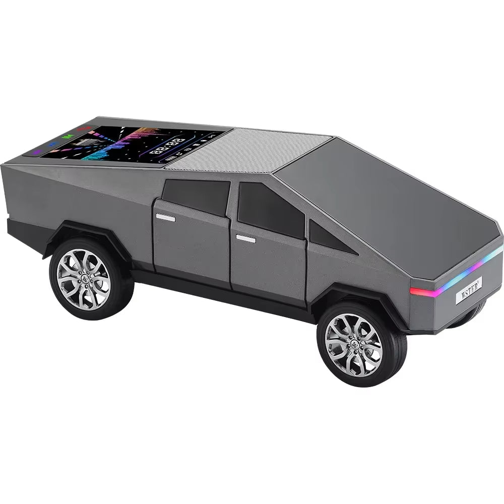Gray cybertruck-style Bluetooth speaker with LED lights and display, WSTER WS-580, desk setup accessory.