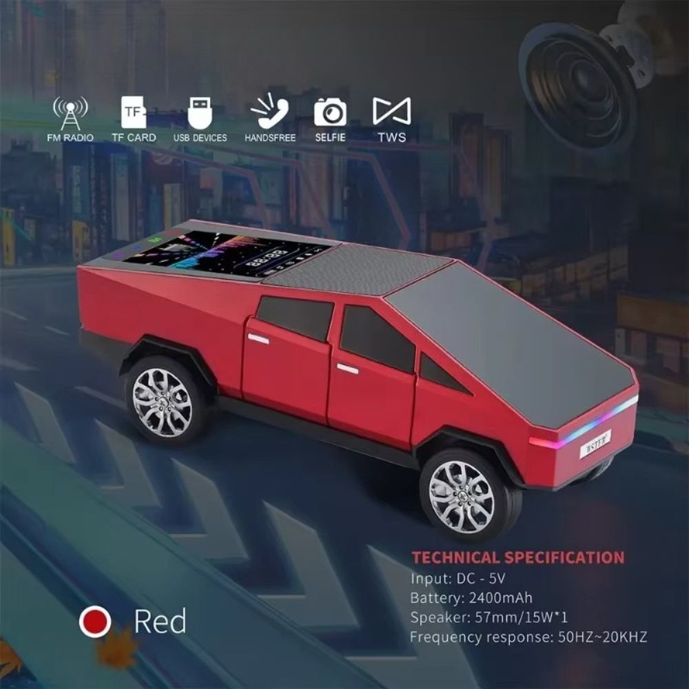 Red cybertruck-style Bluetooth speaker with LED lights and FM radio, WSTER WS-580, loud bass desk accessory.