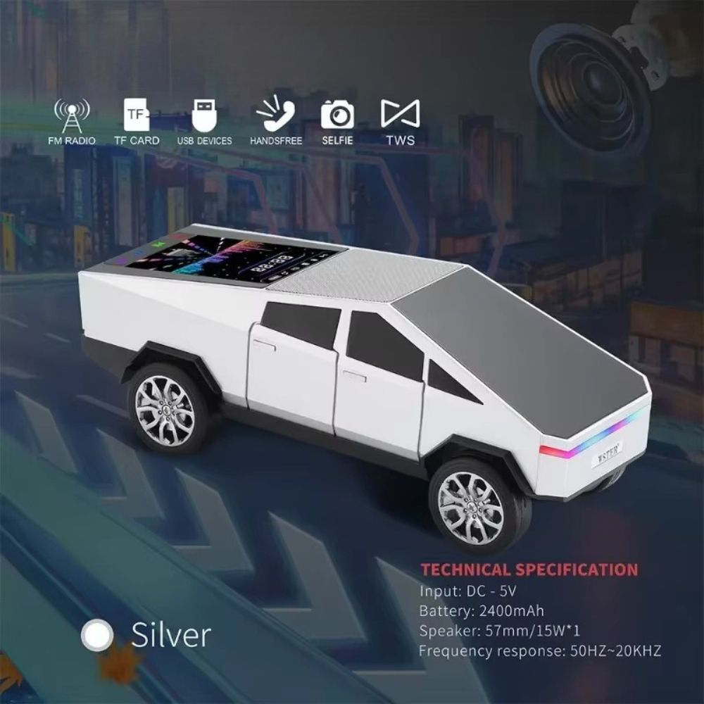 Silver cybercar Bluetooth speaker, WSTER WS-580, LED lights, display screen, FM radio, loud bass desk decor