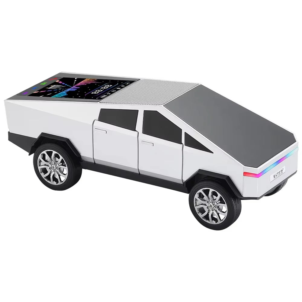 Silver cybertruck-style Bluetooth speaker with LED lights and display, WSTER WS-580, loud bass desk decor.