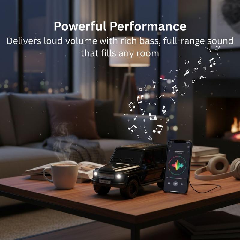 Rugged off-road SUV Bluetooth wireless speaker with LED lights, WSTER WS-591, compact desk setup accessory.