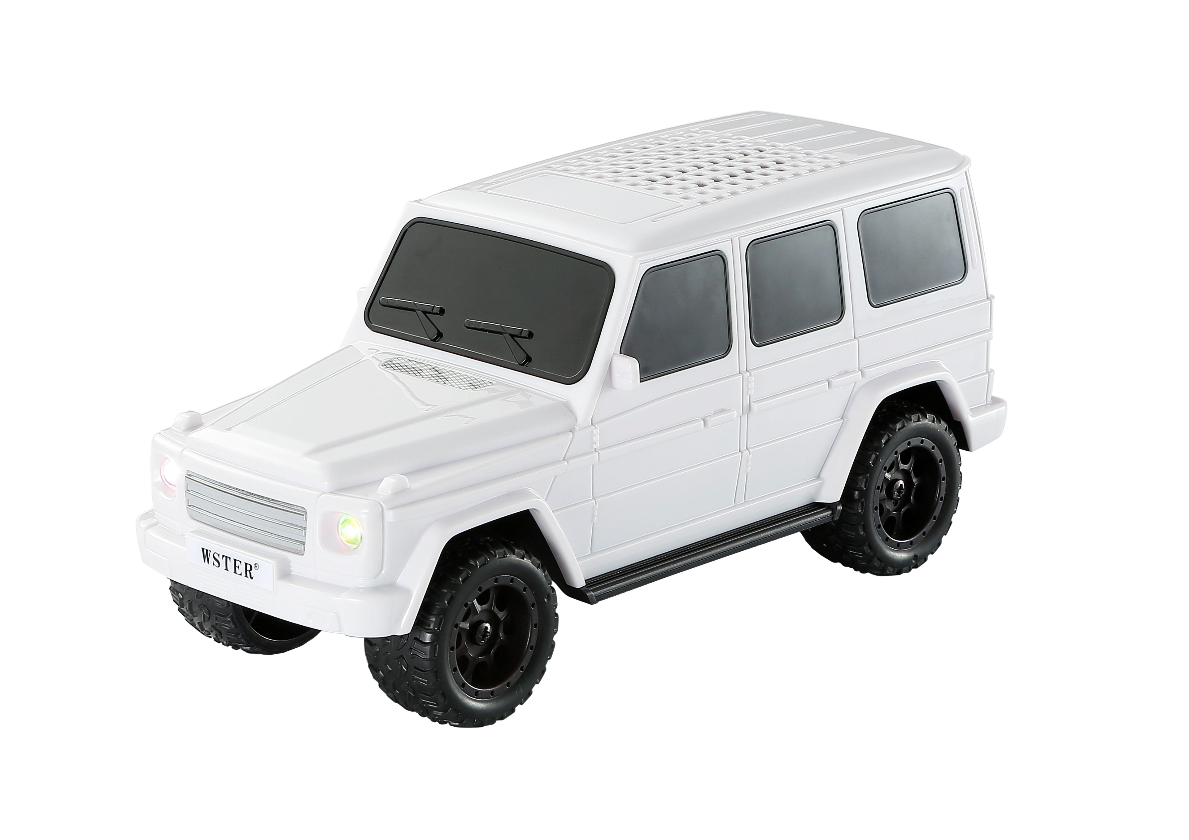 White SUV off-road Bluetooth wireless speaker with LED lights, WSTER WS-591, rugged desk setup accessory.
