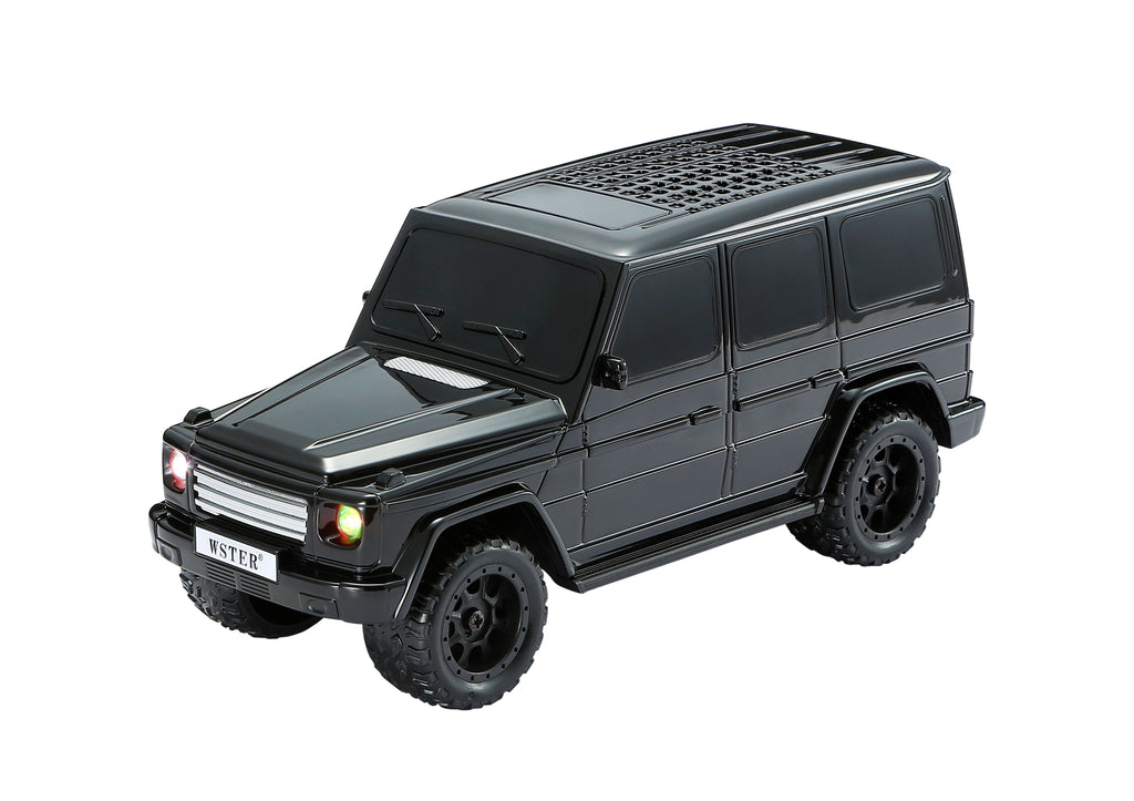 Black SUV off-road Bluetooth wireless speaker with LED lights, WSTER WS-591, rugged desk setup accessory.