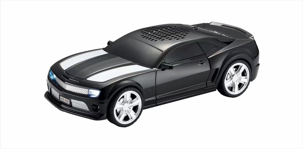 Black American race car coupe Bluetooth speaker with LED lights, WSTER WS-592, desk setup accessory.