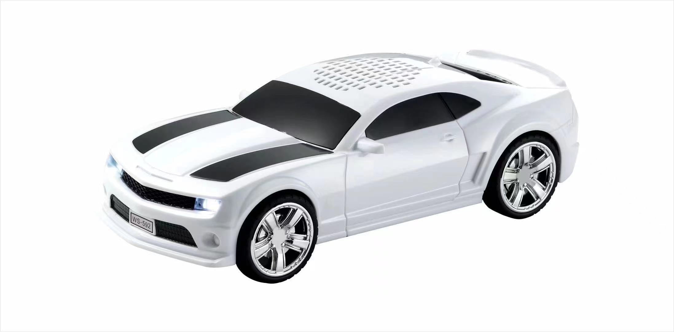 White American race car coupe Bluetooth speaker with LED lights, WSTER WS-592, desk setup accessory.