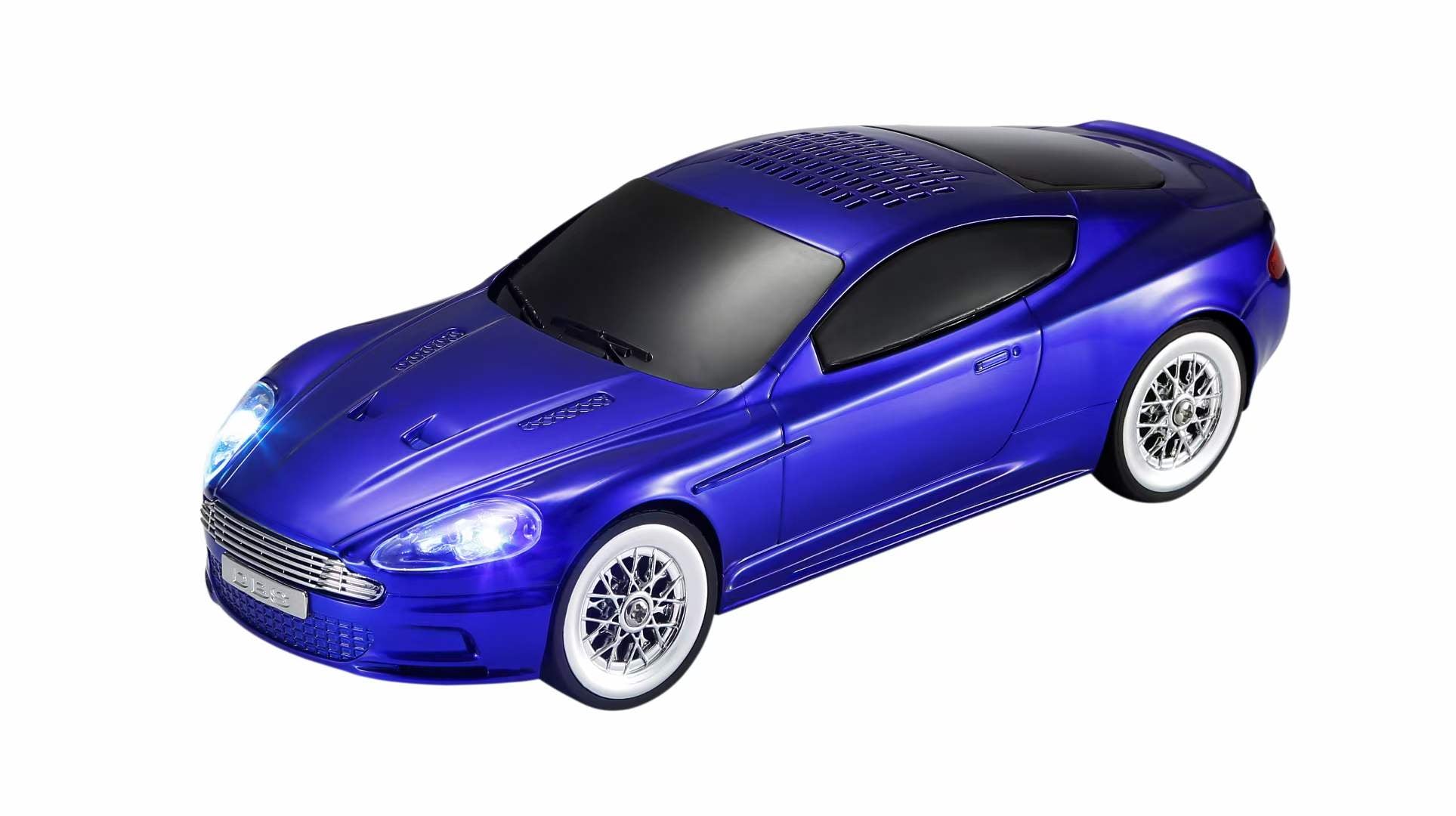 Blue compact car-style Bluetooth speaker with LED lights, WSTER WS-593, portable desk setup accessory.