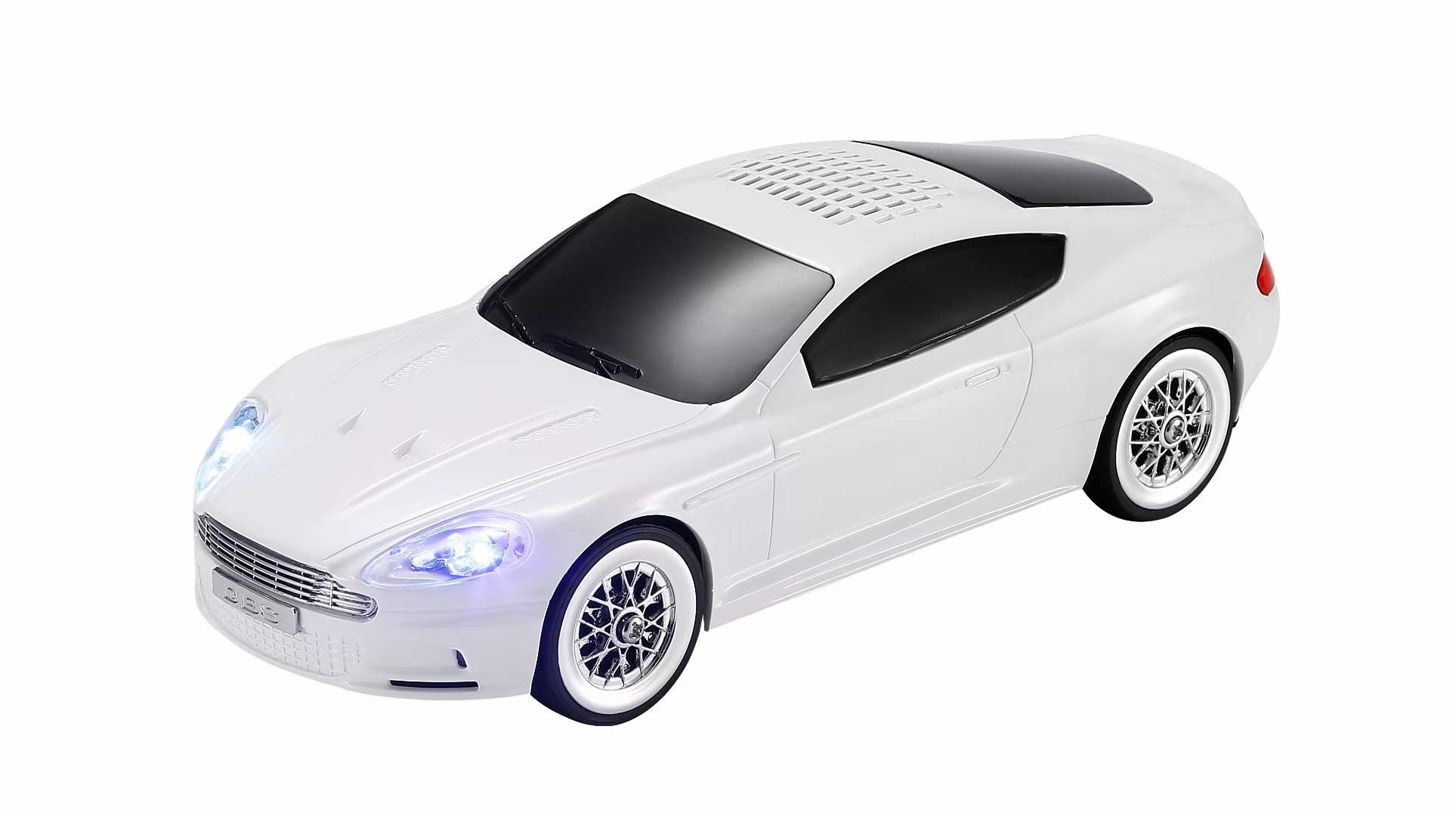 White compact car-style Bluetooth speaker with LED lights, WSTER WS-593, modern desk setup accessory.