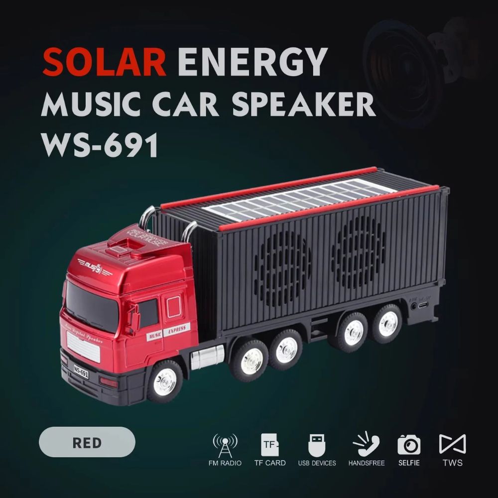 Red semi truck Bluetooth speaker, WSTER WS-691 solar-powered wireless sound system for desk setup decor.