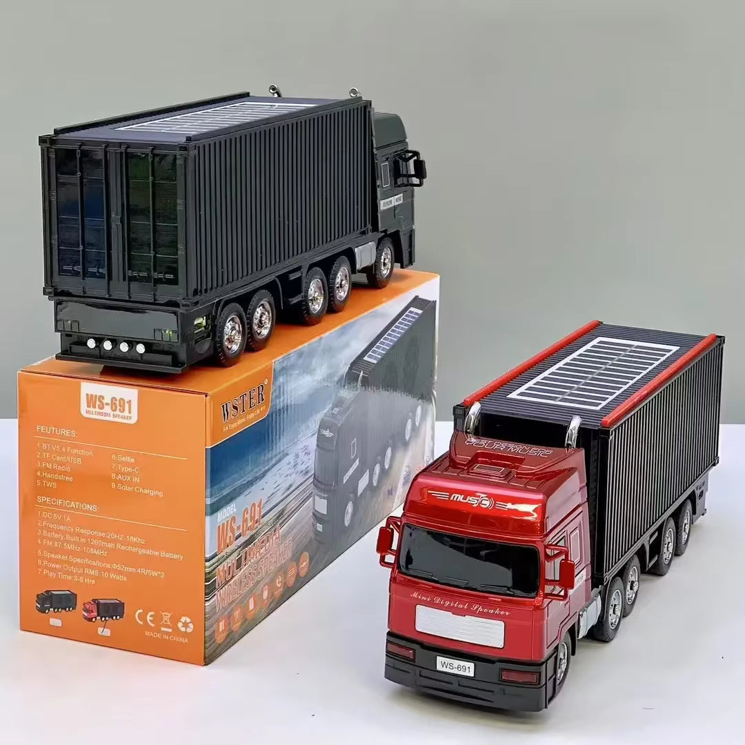 Red semi truck Bluetooth speaker, WSTER WS-691 solar-powered wireless speaker for desk setup and man cave decor.