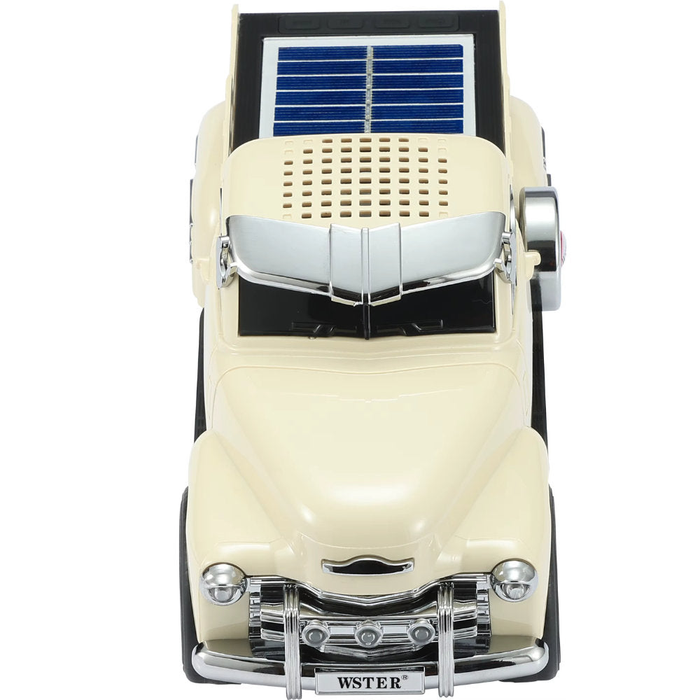 Off-road truck Bluetooth speaker with solar charging, LED headlights and moving wheels, WSTER WS-695 desk decor.
