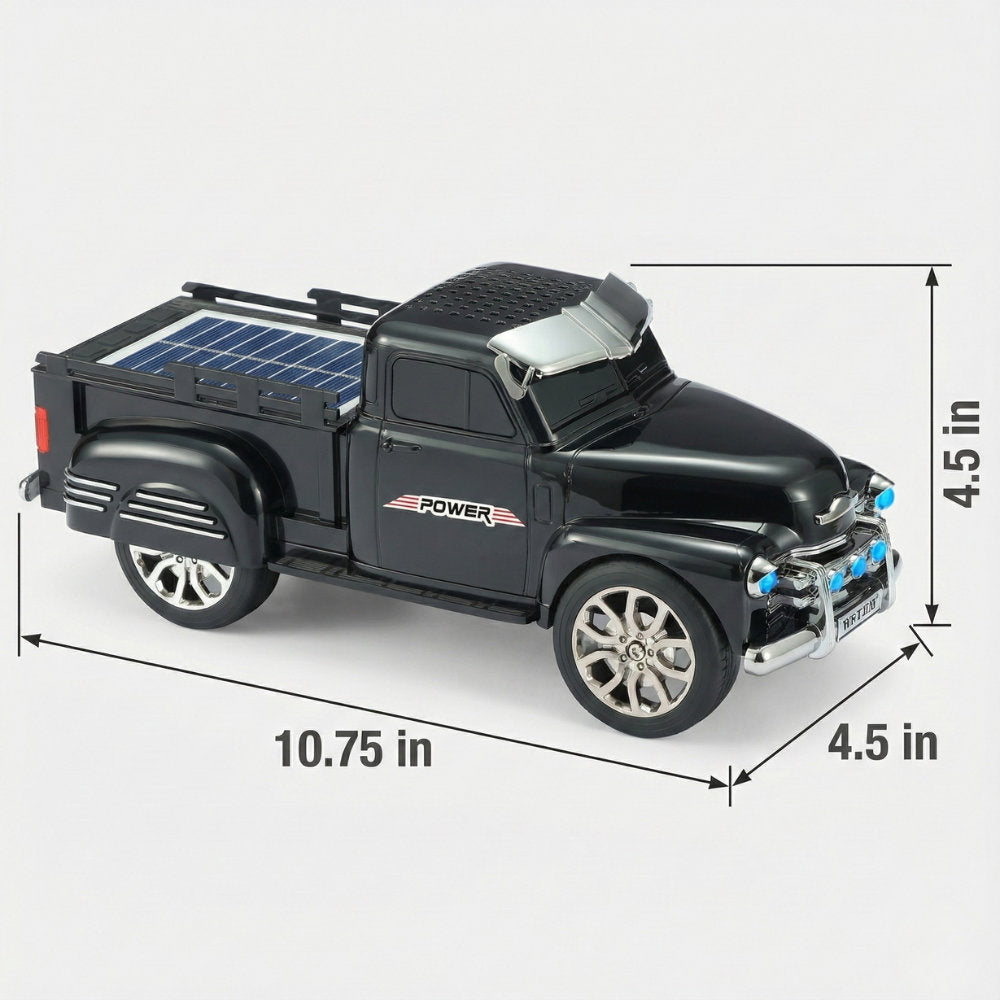 Off-road truck style Bluetooth speaker with solar charging, LED headlights and moving wheels, WSTER WS-695.